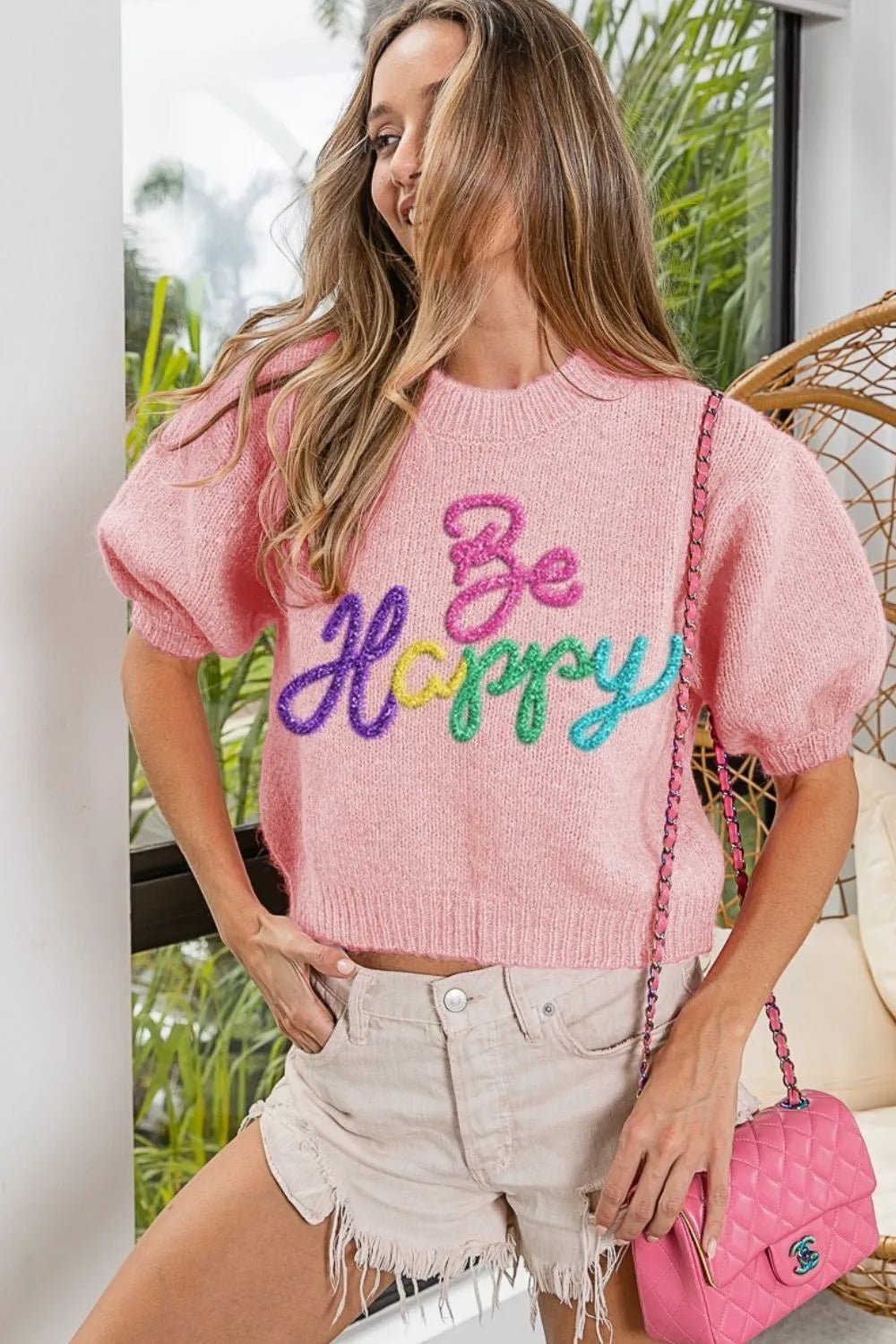 BiBi Metallic Letter Short Puff Sleeve Hairy Sweater - Bela Fils BoutiqueBela Fils Boutique
